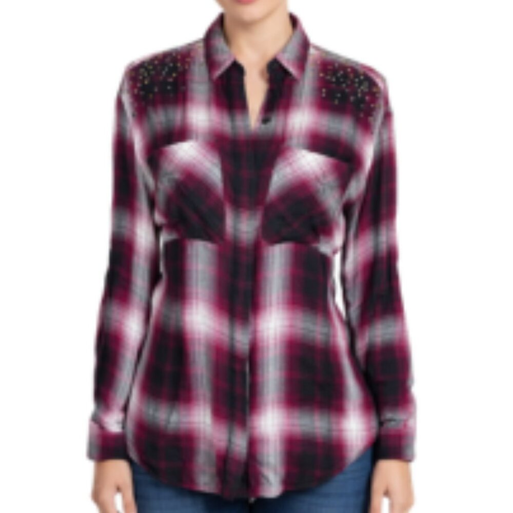 Express Burgundy Gray Plaid Flannel Roll Tab Studded Shoulder Button Down Shirt